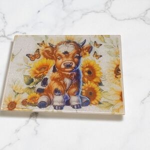 Adorable Cow and Sunflowers Glass Cutting Board 11x8
